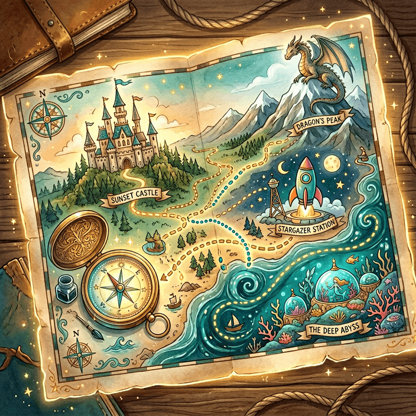 A magical adventure map showing castles, dragons, and undersea worlds